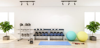 at home gym with weights, an exercise ball, yoga mat
